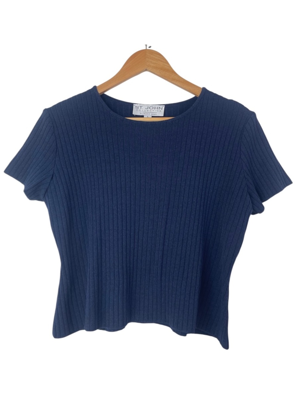 St. John Collection Navy Blue Crewneck Short Sleeve Ribbed Knit Cropped Top Sz S
